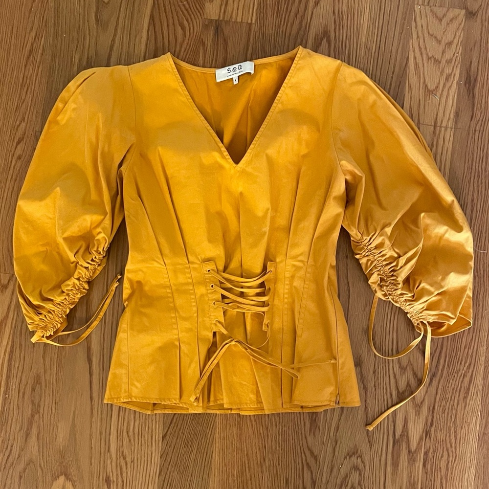 Sea yellow puff sleeve tie corset top